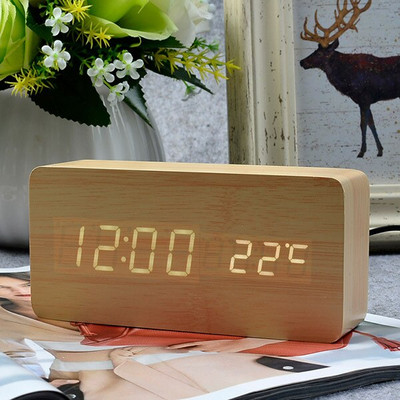JINSUN Modern Fa óra Led Kijelző Digitális Ébresztőóra Egylapos bambusz Show Temp Time Hangvezérlés
