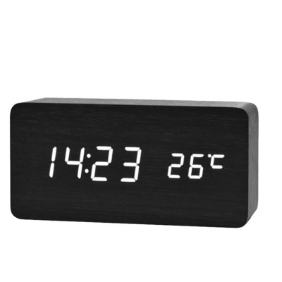 JINSUN Modern Fa óra Led Kijelző Digitális Ébresztőóra Egylapos bambusz Show Temp Time Hangvezérlés