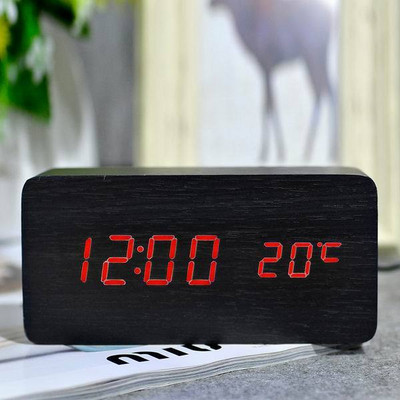 JINSUN Modern Fa óra Led Kijelző Digitális Ébresztőóra Egylapos bambusz Show Temp Time Hangvezérlés