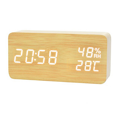 JINSUN Modern Fa óra Led Kijelző Digitális Ébresztőóra Egylapos bambusz Show Temp Time Hangvezérlés