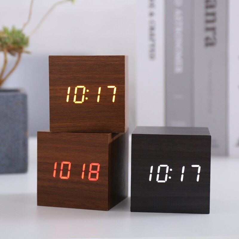 JINSUN Modern Fa óra Led Kijelző Digitális Ébresztőóra Egylapos bambusz Show Temp Time Hangvezérlés