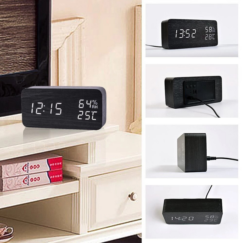 JINSUN Modern Fa óra Led Kijelző Digitális Ébresztőóra Egylapos bambusz Show Temp Time Hangvezérlés