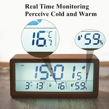Ξύλινο Ηλεκτρονικό Ξυπνητήρι Ημερομηνία αναβολής Θερμοκρασία και υγρασία με οπίσθιο φωτισμό Ψηφιακό ρολόι LED 12/24 ωρών Επιτραπέζιο ρολόι