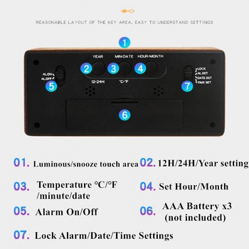 Ξύλινο Ηλεκτρονικό Ξυπνητήρι Ημερομηνία αναβολής Θερμοκρασία και υγρασία με οπίσθιο φωτισμό Ψηφιακό ρολόι LED 12/24 ωρών Επιτραπέζιο ρολόι