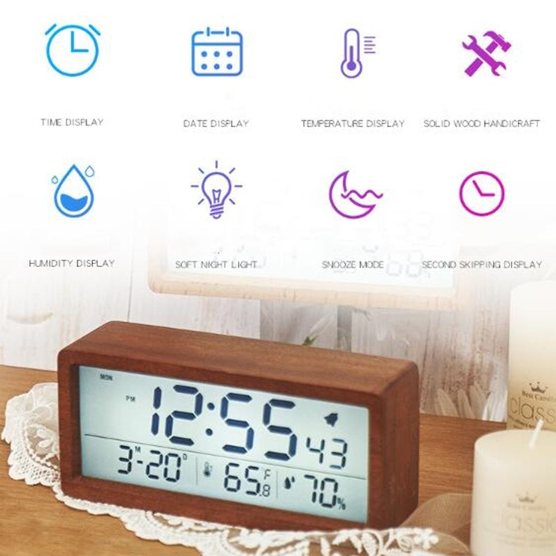 Fa elektronikus ébresztőóra szundi dátuma Hőmérséklet és páratartalom háttérvilágítással Digitális óra LED 12/24 órás asztali óra