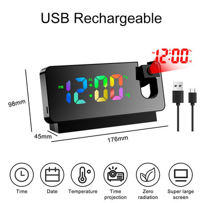 Ceas cu alarmă cu proiecție digitală cu LED color curcubeu, reîncărcabil prin USB pentru dormitor, proiector electronic, ceas de birou cu număr mare