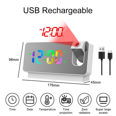 Ceas cu alarmă cu proiecție digitală cu LED color curcubeu, reîncărcabil prin USB pentru dormitor, proiector electronic, ceas de birou cu număr mare