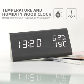 Ξύλινο ψηφιακό ηλεκτρονικό ξυπνητήρι τρίγωνο δημιουργικό ρολόι φωνητικός έλεγχος LED συναγερμός χρονοδιακόπτη θερμοκρασίας και υγρασίας