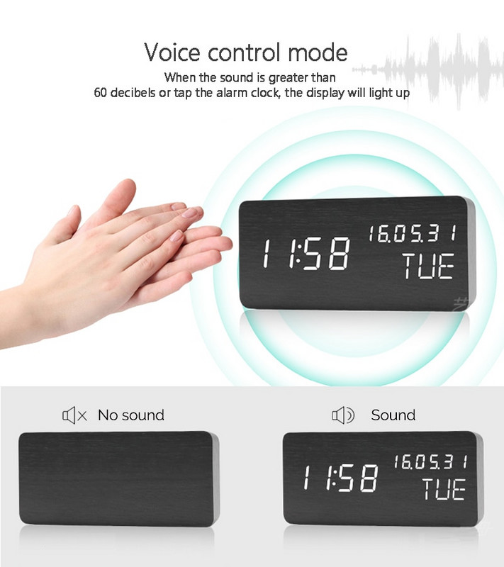 JINSUN stalinio laikrodžio garso valdymas stalinis šviečiantis žadintuvas vaikams medinis kalendorius modernus reguliuojamas ryškumas