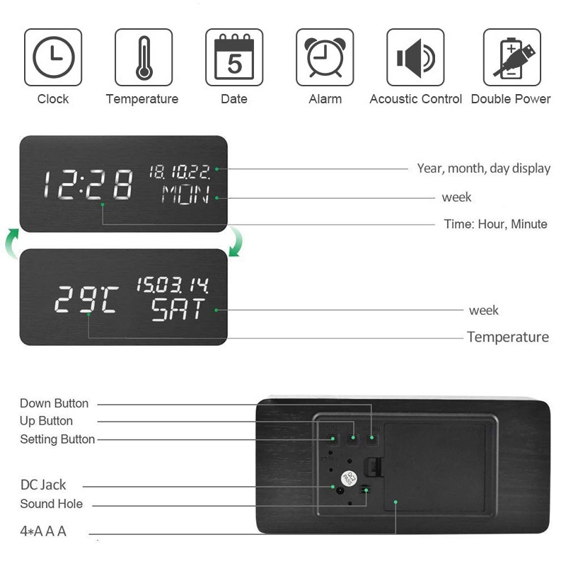 JINSUN stalinio laikrodžio garso valdymas stalinis šviečiantis žadintuvas vaikams medinis kalendorius modernus reguliuojamas ryškumas