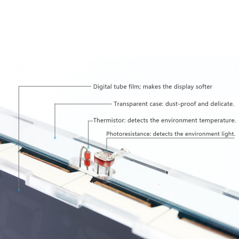 Kompakt barkácsolás digitális LED órakészlet 4 számjegyű fényszabályozó hőmérséklet, dátum idő kijelzővel, átlátszó tokkal beltéri kültéri használatra