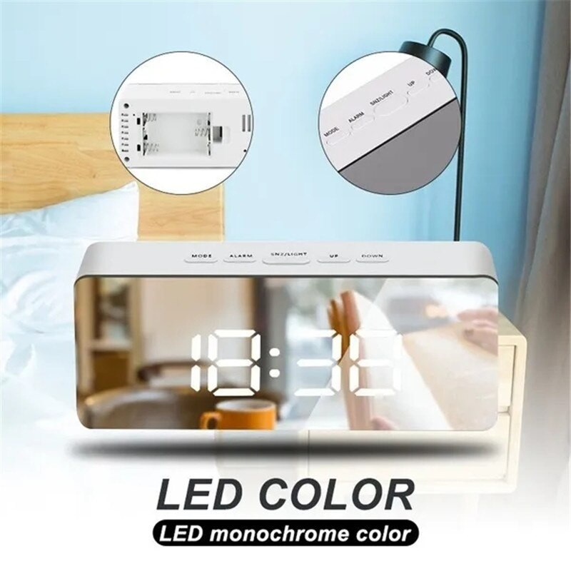 Daugiafunkcis skaitmeninis žadintuvas LED veidrodinis laikrodis su pritemdytu snaudimo temperatūros funkcija, skirta miegamojo biuro kelionių namų dekoravimui