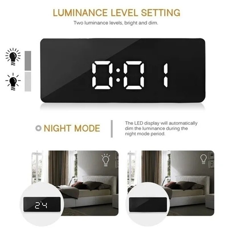 Daugiafunkcis skaitmeninis žadintuvas LED veidrodinis laikrodis su pritemdytu snaudimo temperatūros funkcija, skirta miegamojo biuro kelionių namų dekoravimui