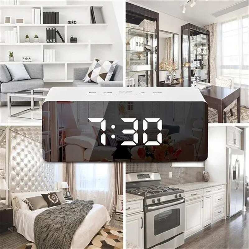 Daugiafunkcis skaitmeninis žadintuvas LED veidrodinis laikrodis su pritemdytu snaudimo temperatūros funkcija, skirta miegamojo biuro kelionių namų dekoravimui