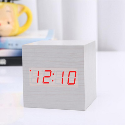60*60*60mm LED fa ébresztőóra óra asztali hangvezérlés digitális fa Despertador elektronikus USB/AAA tápellátású órák dekoráció
