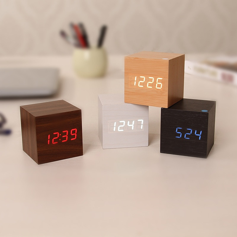 60*60*60mm LED fa ébresztőóra óra asztali hangvezérlés digitális fa Despertador elektronikus USB/AAA tápellátású órák dekoráció