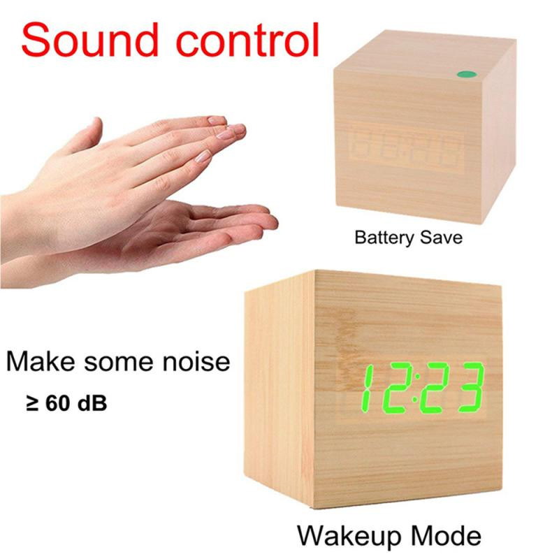 60*60*60mm LED fa ébresztőóra óra asztali hangvezérlés digitális fa Despertador elektronikus USB/AAA tápellátású órák dekoráció