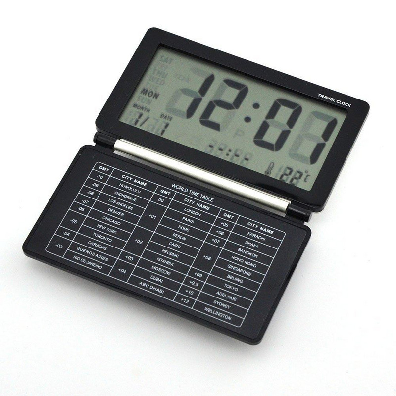 Elektroninis žadintuvas daugiafunkcis tylus LCD skaitmeninis didelio ekrano sulankstomas kelionių stalas žadintuvas nešiojamas žadintuvas