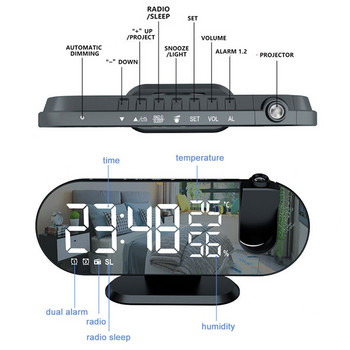 LED Ψηφιακός καθρέφτης Ξυπνητήρι Τραπέζι ρολόι Ηλεκτρονικά επιτραπέζια ρολόγια USB Wake Up ραδιόφωνο FM Ώρα προβολής Λειτουργία αναβολής 2 Ξυπνητήρι