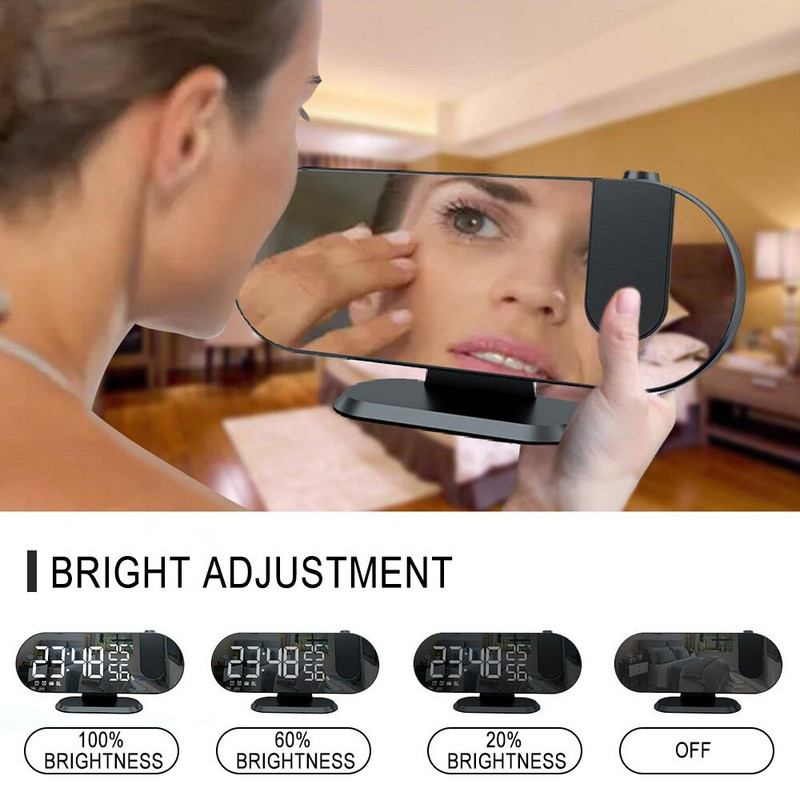 LED skaitmeninis veidrodinis žadintuvas Laikrodis Stalas Elektroniniai staliniai laikrodžiai USB Wake Up FM radijo Laiko projektorius Snaudimo funkcija 2 žadintuvas