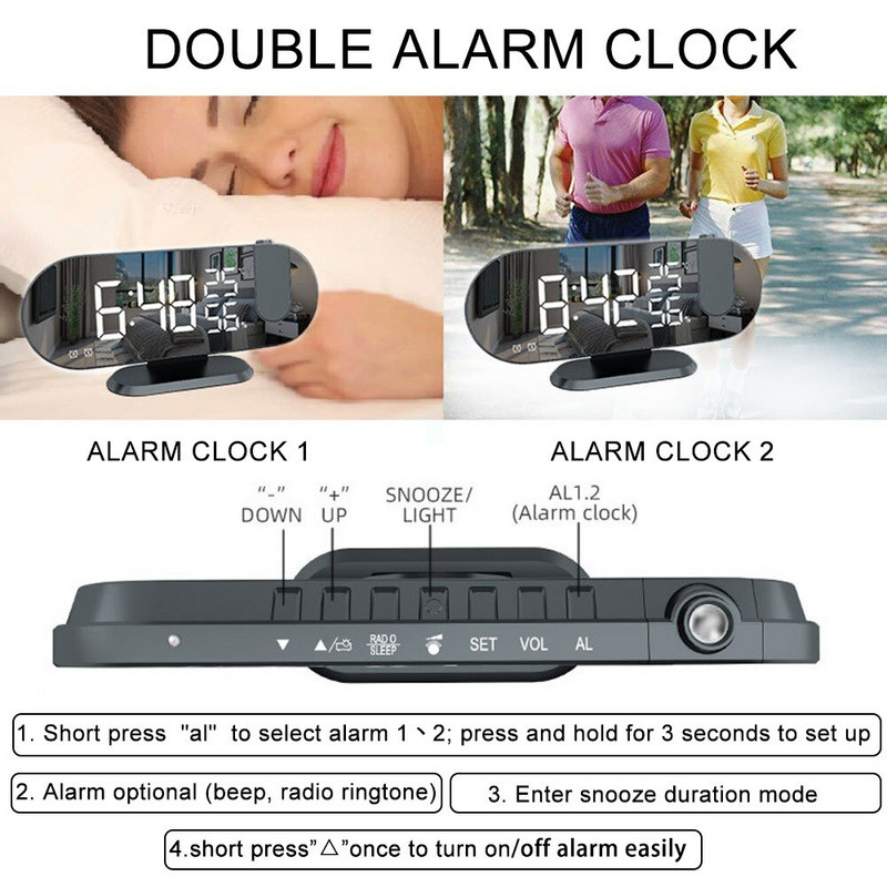 LED skaitmeninis veidrodinis žadintuvas Laikrodis Stalas Elektroniniai staliniai laikrodžiai USB Wake Up FM radijo Laiko projektorius Snaudimo funkcija 2 žadintuvas
