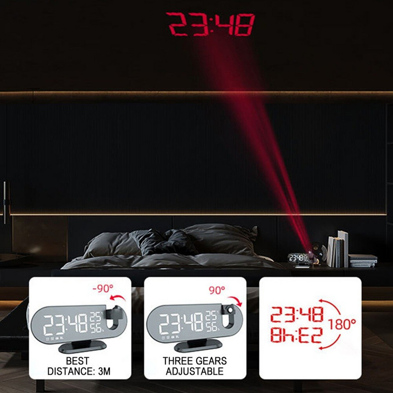 LED skaitmeninis veidrodinis žadintuvas Laikrodis Stalas Elektroniniai staliniai laikrodžiai USB Wake Up FM radijo Laiko projektorius Snaudimo funkcija 2 žadintuvas