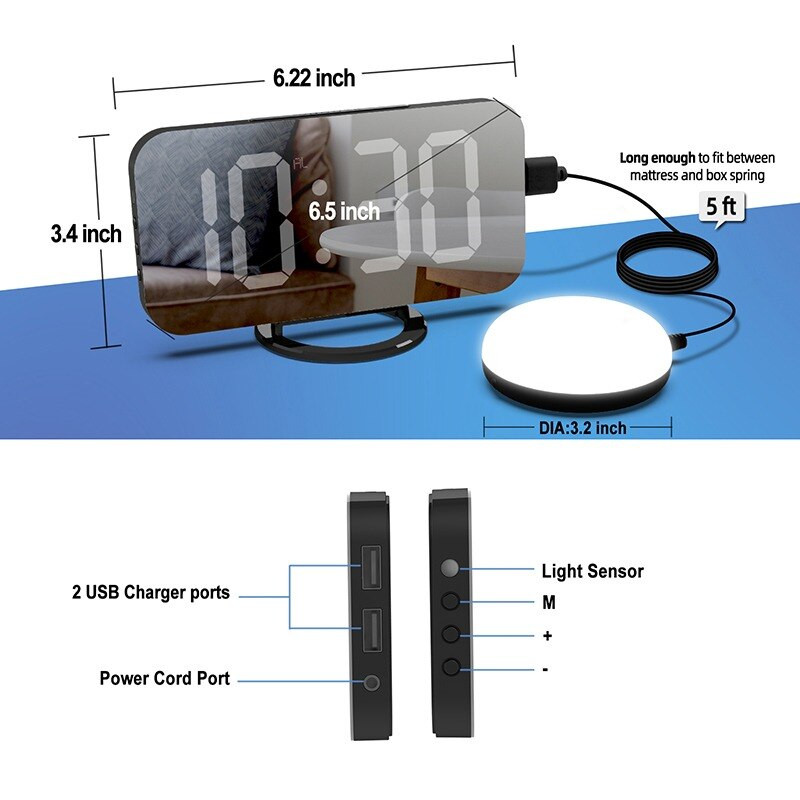 LED veidrodiniai žadintuvai su lovos kratytuvu Naktinė lemputė kurtiesiems, neprigirdintiems, sunkiai miegantiems, snausti, dvigubi USB įkroviklio laikrodžiai