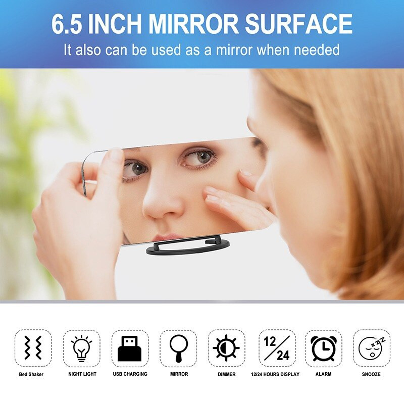 LED veidrodiniai žadintuvai su lovos kratytuvu Naktinė lemputė kurtiesiems, neprigirdintiems, sunkiai miegantiems, snausti, dvigubi USB įkroviklio laikrodžiai