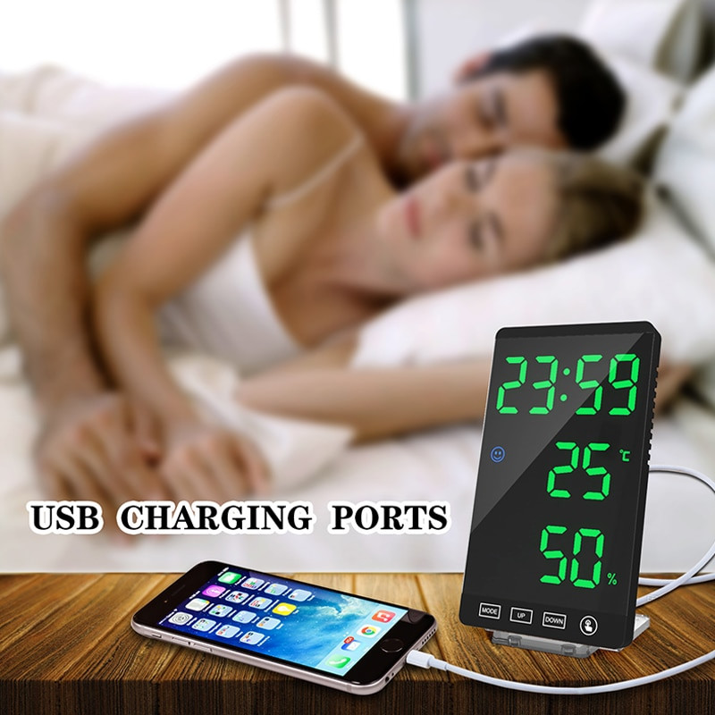 LED veidrodinis žadintuvas Skaitmeninis laikrodis Temperatūra Drėgmės ekranas USB išvesties prievadas Jutiklinis mygtukas Snaudimo lentelės elektroninis laikrodis