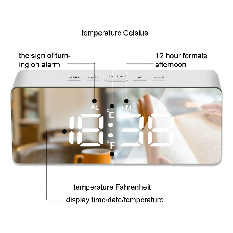 Ceas cu alarmă cu oglindă cu LED Ceas de masă cu amânare digitală Lumină pentru trezire Afișaj electronic cu temperatură de mare oră Ceas decor pentru casă