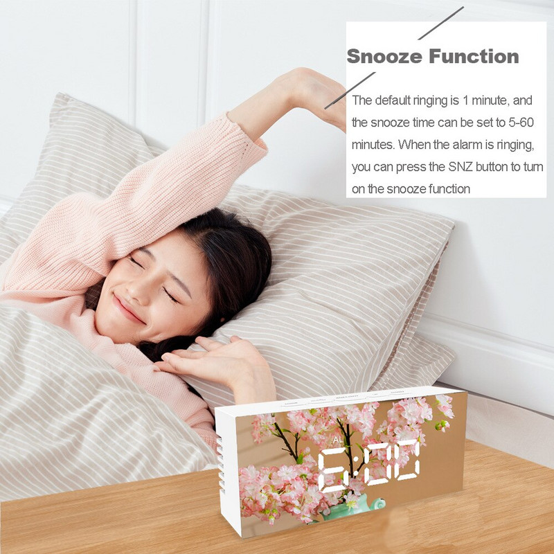 Ceas cu alarmă cu oglindă cu LED Ceas de masă cu amânare digitală Lumină pentru trezire Afișaj electronic cu temperatură de mare oră Ceas decor pentru casă