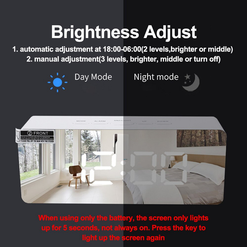 Ceas cu alarmă cu oglindă cu LED Ceas de masă cu amânare digitală Lumină pentru trezire Afișaj electronic cu temperatură de mare oră Ceas decor pentru casă