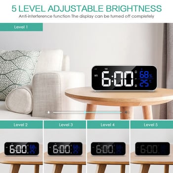 ORIA LED καθρέφτης Ξυπνητήρι Επαναφορτιζόμενο Ψηφιακό Μουσικό Ρολόι Φωνή Επιτραπέζιο Ρολόι με Ρυθμιζόμενη Φωτεινότητα για Υπνοδωμάτιο Οικιακό Γραφείο