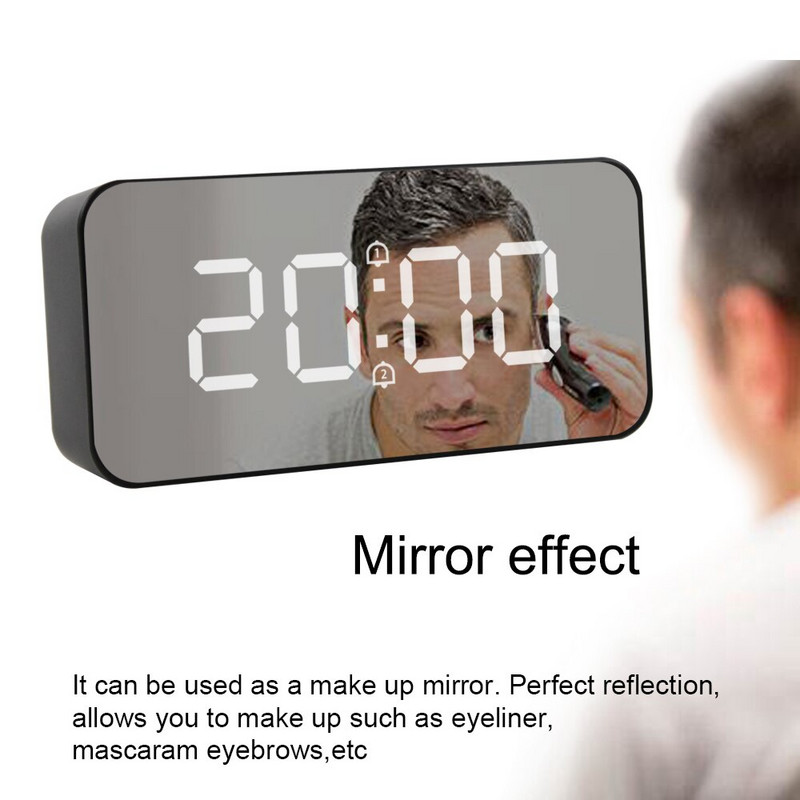 Žadintuvas LED skaitmeninis didelio laiko temperatūros ekrano veidrodinis snaudimo stalo laikrodis AAA galios elektroninis automatinis foninio apšvietimo laikrodžiai