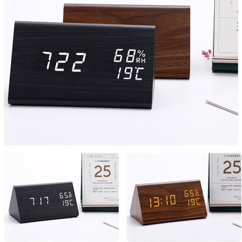 K3NA Ceas Digital Lemn Triunghiular Ceas Deşteptător Led Masa Umiditate Temperatura pentru Acasă Dormitor Birou Desktop Decor Cadou