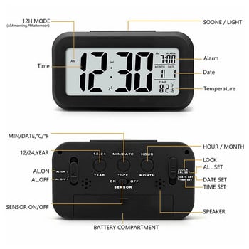 Ξυπνητήρι LED Ψηφιακό ρολόι Αναβολή σίγασης Ημερολόγιο Επιτραπέζιος υπολογιστής Ηλεκτρονική θερμοκρασία Φωτεινό επιτραπέζιο ρολόγια γραφείου σπιτιού
