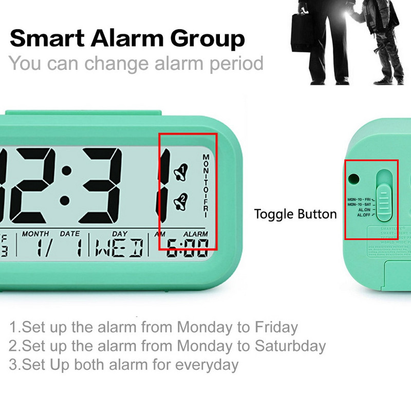 Senzor de lumină pentru ceas cu alarmă inteligent TXL, afișaj de temperatură pentru ziua calendarului, ceas digital pentru copii, iluminare din spate pentru copii, dimmer automat