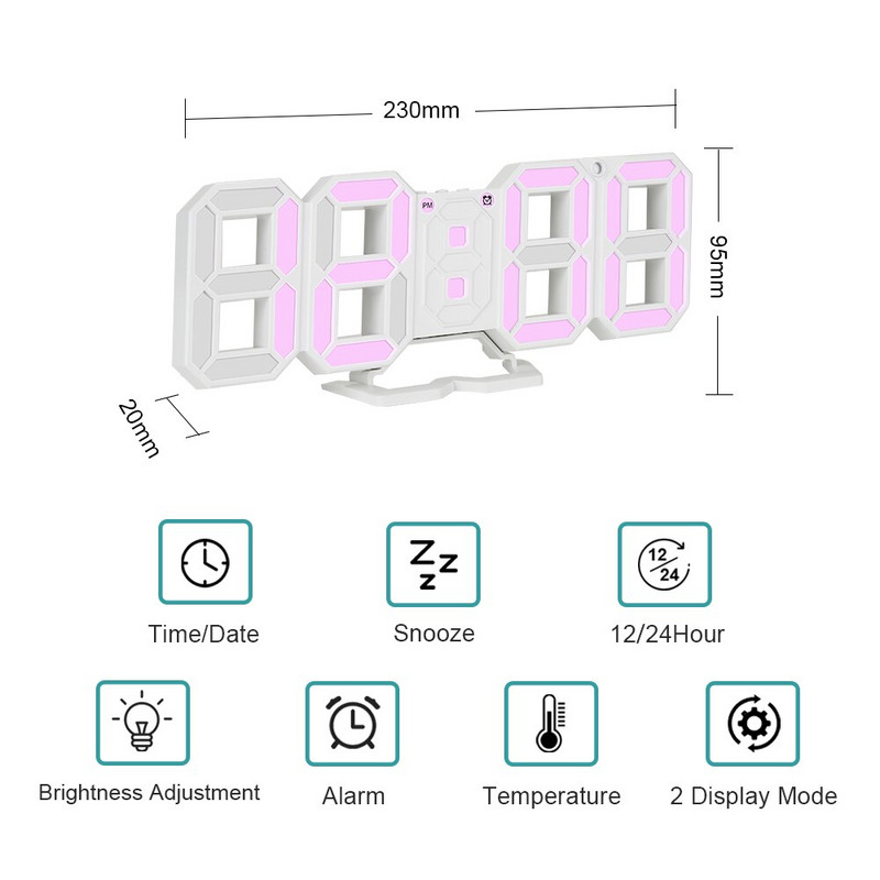 3D láb Digitális ébresztőóra Asztal Hálószoba Lakberendezés Tanulmányasztal Slient 12/24 órás Idő Dátum Hőmérséklet Elektronikus óra