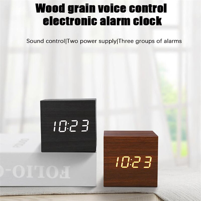 Ébresztőóra LED fa óra asztali hangvezérlés digitális Wood Despertador USB/AAA tápellátású elektronikus asztali órák