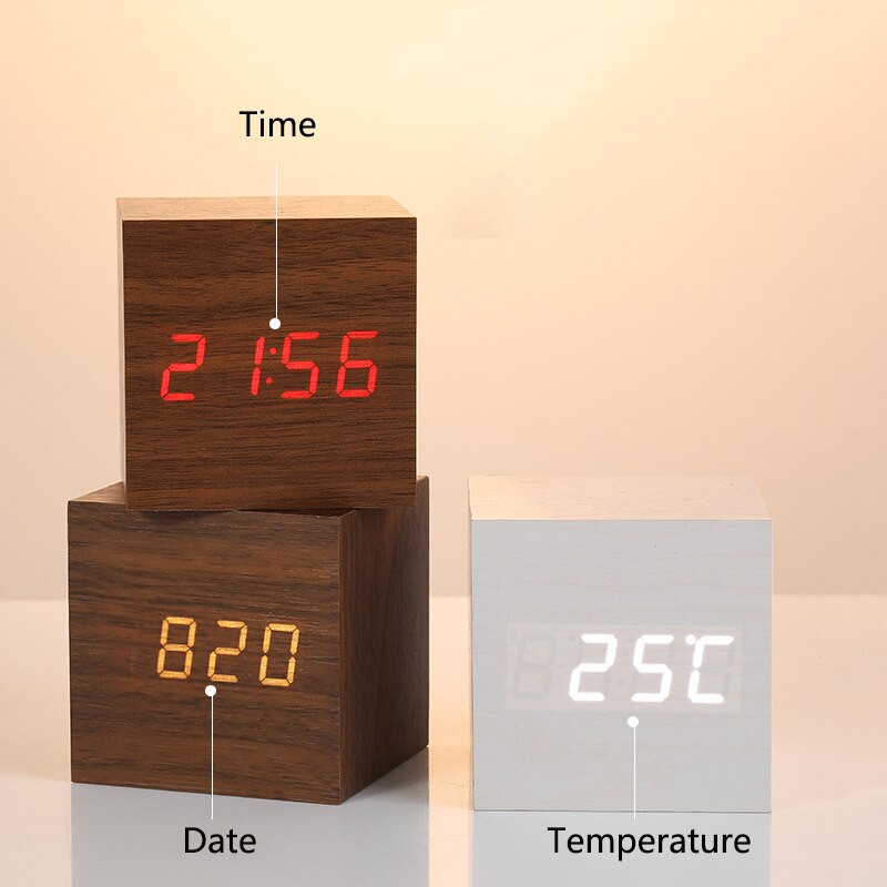 Ébresztőóra LED fa óra asztali hangvezérlés digitális Wood Despertador USB/AAA tápellátású elektronikus asztali órák