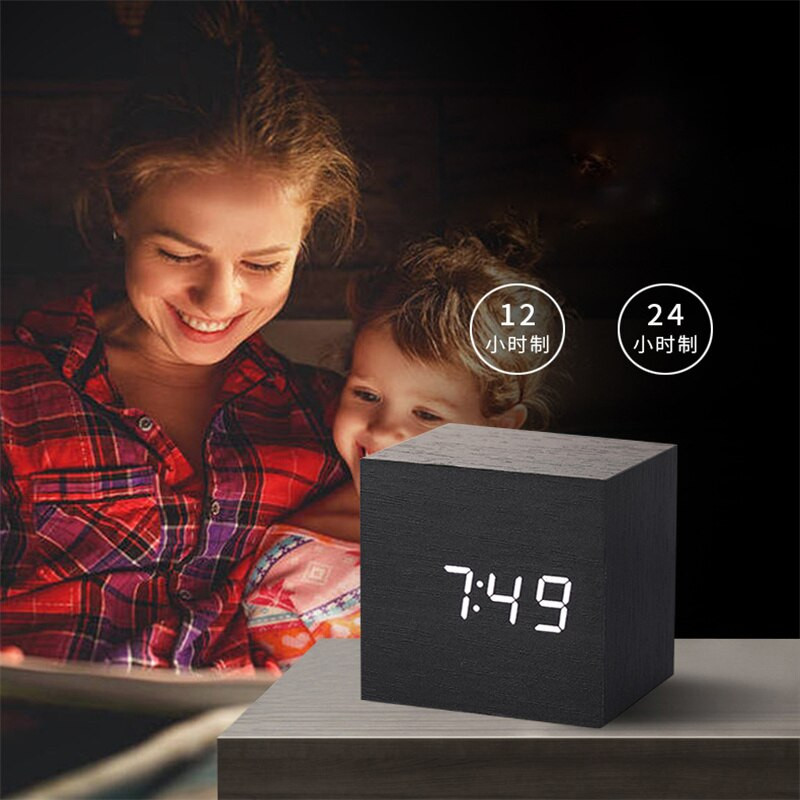 Ébresztőóra LED fa óra asztali hangvezérlés digitális Wood Despertador USB/AAA tápellátású elektronikus asztali órák