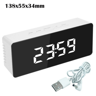 5Fuctions gomb Digitális tükör LED kijelző Ébresztőóra Asztali óra Hőmérséklet Naptár Szundi funkció USB-vel 1db 14x50x3,4cm