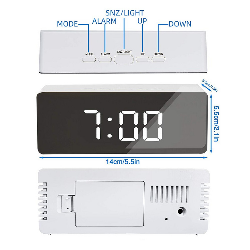 5Fuctions gomb Digitális tükör LED kijelző Ébresztőóra Asztali óra Hőmérséklet Naptár Szundi funkció USB-vel 1db 14x50x3,4cm