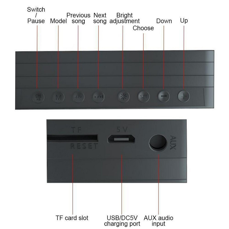 Vezeték nélküli Bluetooth hangszóró FM rádióval LED tükör ébresztőóra Mélynyomó Zenelejátszó Szundi asztali óra Dropshipping