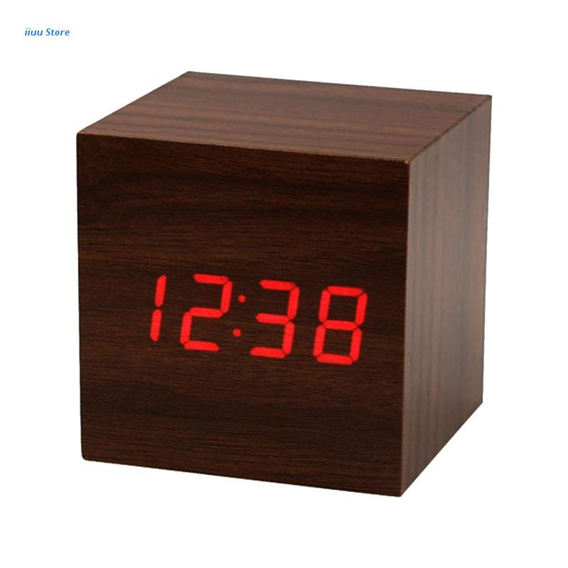 Ceas deșteptător cu LED din lemn Afișaj digital electronic Ceas de timp Ceasuri cub mute pentru acasă Dormitor Dormitor Trezire Ceasuri din lemn