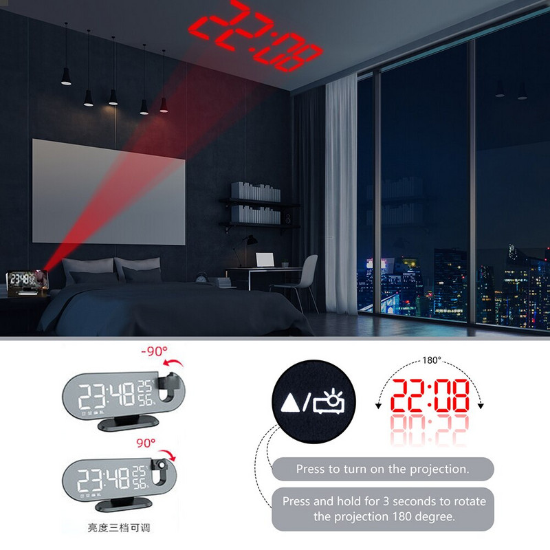3D vetítésű ébresztőóra Elektronikus LED-es digitális órák asztali USB FM rádió Időprojektor Szundi óra Hálószoba Éjjeli óra