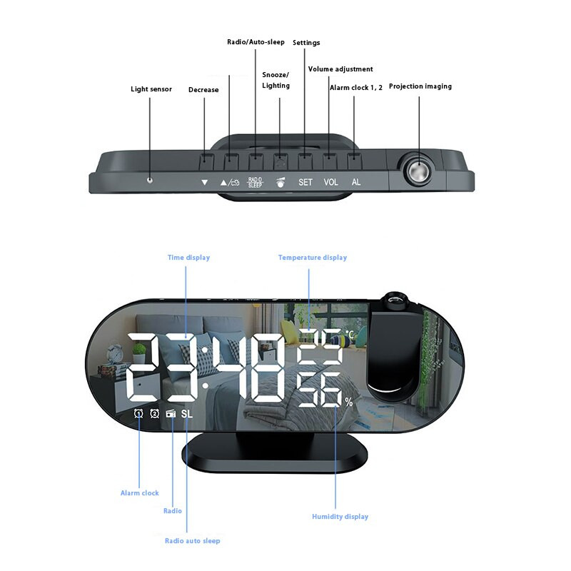 3D vetítésű ébresztőóra Elektronikus LED-es digitális órák asztali USB FM rádió Időprojektor Szundi óra Hálószoba Éjjeli óra