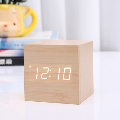 Színes digitális fa LED ébresztőóra asztal fa ébresztőóra időzítő hangvezérlés USB hőmérő Modern időzítő lakberendezés