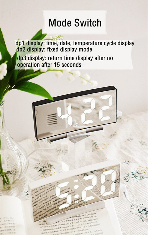 Ceas cu alarmă cu oglindă curbată Temperatură digitală Amânare Mod noapte Birou Masă Ceas Comutator Mod oprire Memorie Ceasuri LED