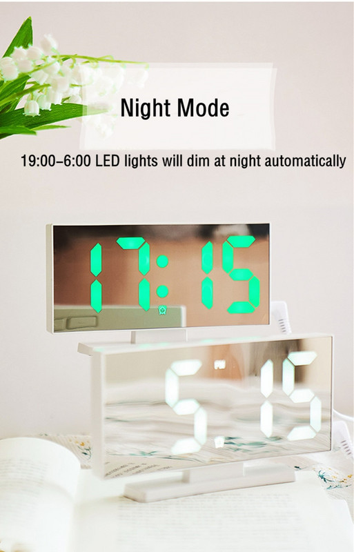 Ceas cu alarmă cu oglindă curbată Temperatură digitală Amânare Mod noapte Birou Masă Ceas Comutator Mod oprire Memorie Ceasuri LED